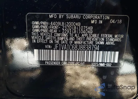 2018 Subaru Wrx Premium from USA, damaged, VIN JF1VA1C68J8838794